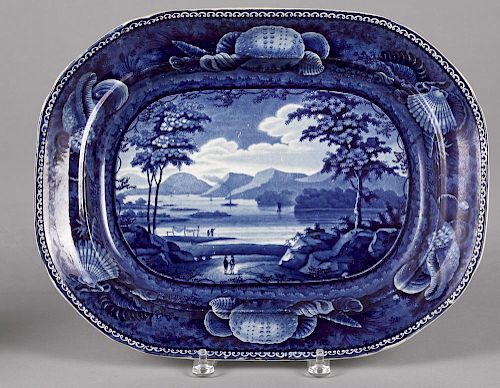 Historical blue Staffordshire Lake George platter, 12 3/4'' l., 16 1/2'' w.