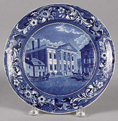 Historical blue Staffordshire Bank of the United States, Philadelphia plate, 10 1/8'' dia.