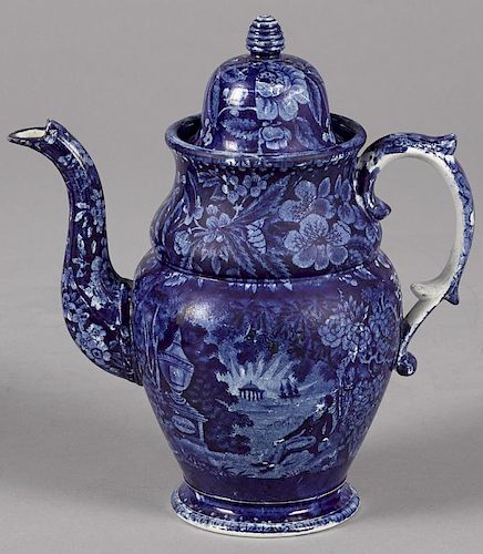 Historical blue Staffordshire Lafayette at Franklin's Tomb coffee pot, 10 3/4'' h.