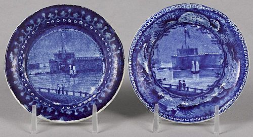 Two Historical blue Staffordshire Castle Garden Battery New York cup plates, 3 5/8'' dia.