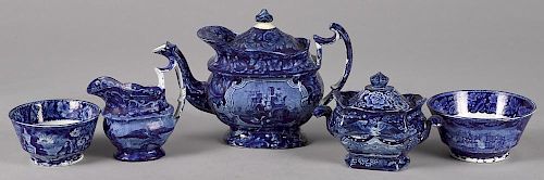Five Historical blue Staffordshire teawares, to include an eagle creamer, Commodore MacDonnough's
