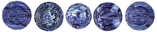 Five Historical blue Staffordshire cup plates, 3 1/8'' - 3 1/2'' dia.