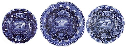 Three Historical blue Staffordshire America and Independence cup toddy plates, 3 5/8'' h., 3 7/8'' w