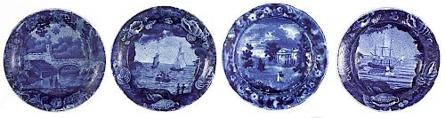 Four Historical blue Staffordshire cup plates, 3 3/4'' dia.