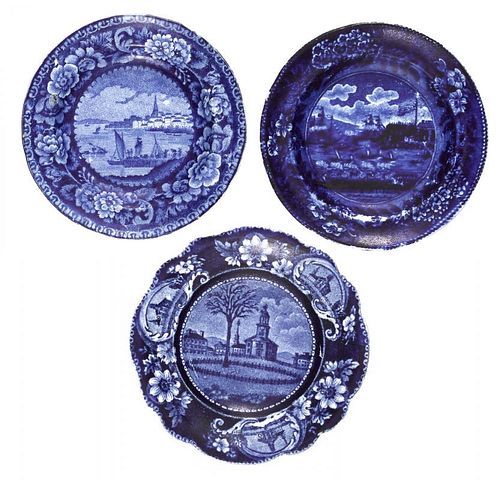 Three Historical blue Staffordshire toddy plates, 5 1/2'' dia.