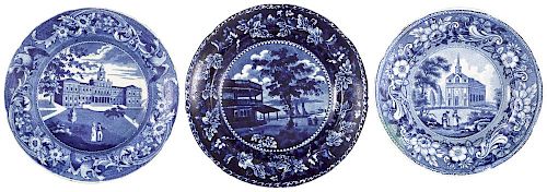 Three Historical blue Staffordshire plates, depicting New York Battery, City Hall New York, and Ca