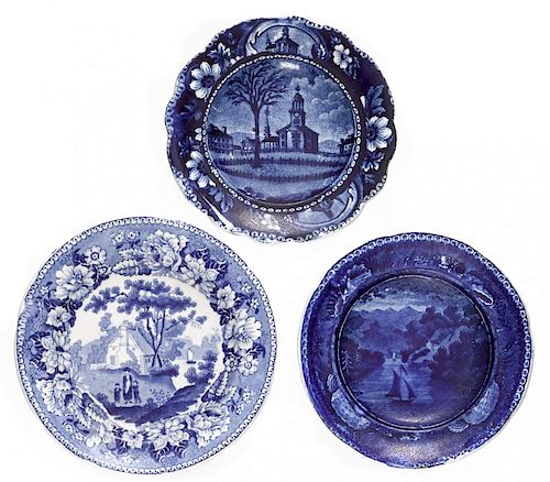 Three Historical blue Staffordshire toddy plates, 4 1/2'' - 5 1/8'' dia.