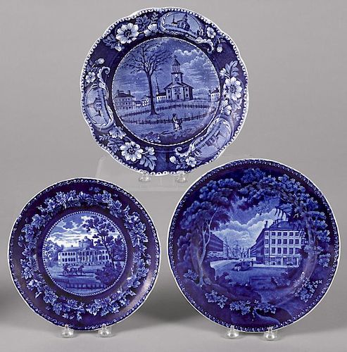 Historical blue Staffordshire soup bowl and two plates, depicting Winter View of Pittsfield, Mitch