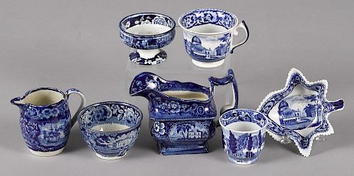 Seven pieces of Historical blue Staffordshire, to include a Boston State House leaf dish, Commodor
