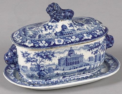 Historical blue Staffordshire Boston State House sauce tureen and undertray, 5 1/4'' h., 8'' w.