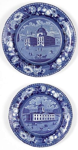 Two Historical blue Staffordshire plates, depicting the Courthouse Baltimore and Exchange Baltimor