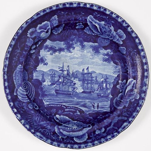 Historical blue Staffordshire Commodore MacDonnough's Victory plate, 8 3/8'' dia.