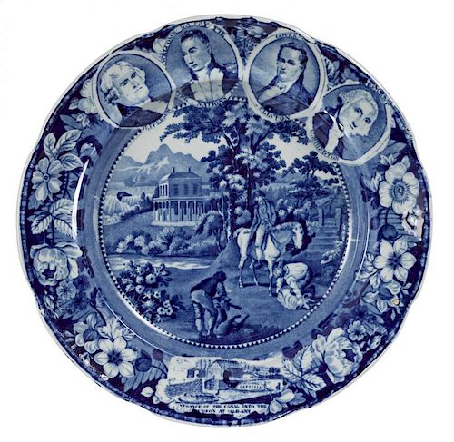 Historical blue Staffordshire Niagara medallion plate, with images of Jefferson, Lafayette, Clinto