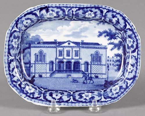 Historical blue Staffordshire Bank of Savannah small tray, 5'' l., 6 5/8'' w.