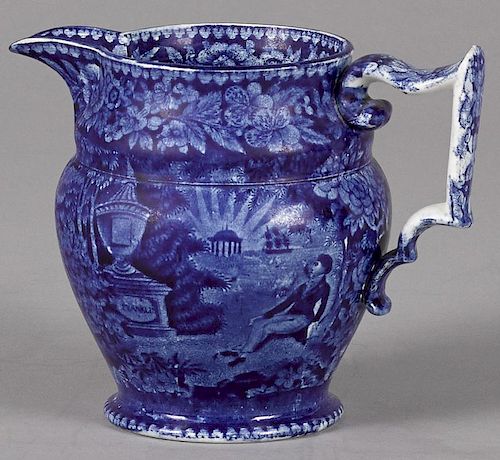 Historical blue Staffordshire Lafayette at Franklin's Tomb pitcher, 6'' h.