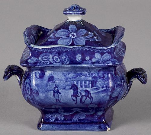 Historical blue Staffordshire Mount Vernon covered sugar, 5 5/8'' h.