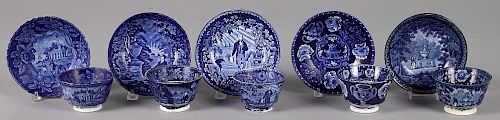 Five Historical blue Staffordshire cups and saucers, to include Lafayette at Franklin's Tomb, Wash