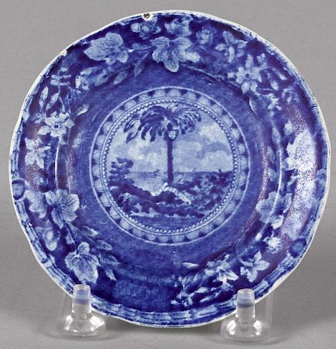 Historical blue Staffordshire Arms of South Carolina cup plate, 3 7/8'' dia.
