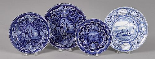 Four blue Staffordshire plates, to include two Peace and Plenty, America and Independence, and Fat