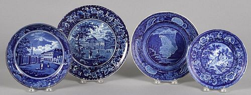 Three Historical blue Staffordshire plates and a shallow bowl, depicting Capitol Washington, Fall