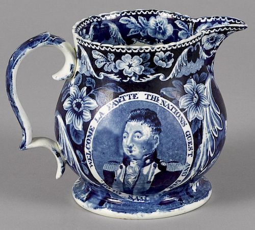 Historical blue Staffordshire Welcome Lafayette pitcher, 6 3/8'' h.