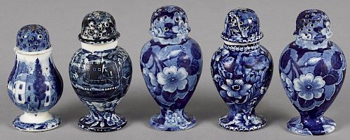 Five blue Staffordshire pepper pots, to include Landing of Lafayette example, tallest - 4 1/2''.
