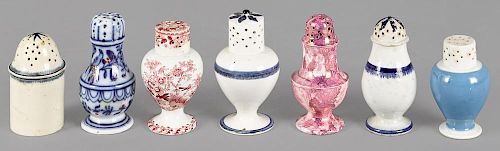 Seven assorted pepper pots, 19th c., to include Staffordshire, Sunderland, Mocha, Leeds, etc. tall