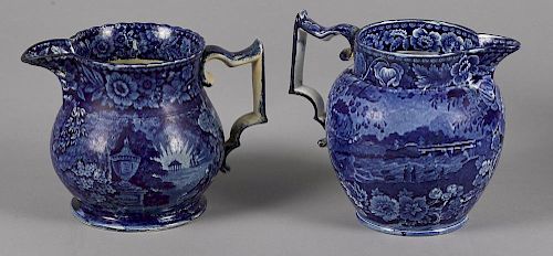 Two Historical blue Staffordshire pitchers, depicting Views of the Erie Canal and Lafayette at Fra