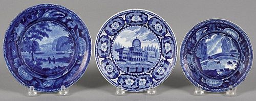 Three Historical blue Staffordshire toddy plates, 4 5/8'' dia., 5 1/4'' dia. and 5 5/8'' dia.
