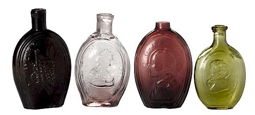 Four Historical glass flasks, 19th c., to include dark amber with Taylor Never Surrenders cannon,
