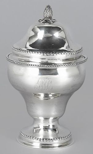 Philadelphia silver covered sugar, ca. 1775, bearing the touch of John David, with pineapple finia