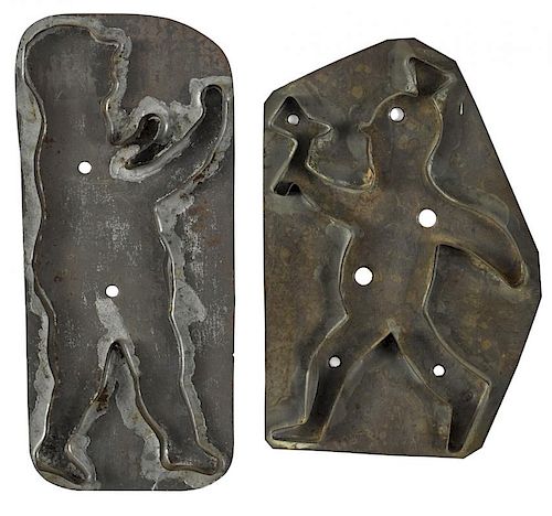 Two tinned iron cookie cutters, late 19th c., pugilist and Indian with tomahawk, 10 5/8'' h. and 9