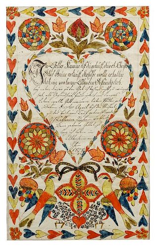 Ink and watercolor fraktur, dated 1828, the central heart with script surrounded by birds and fl