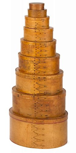 Nest of nine Shaker bentwood boxes, 19th c., 35'' h.