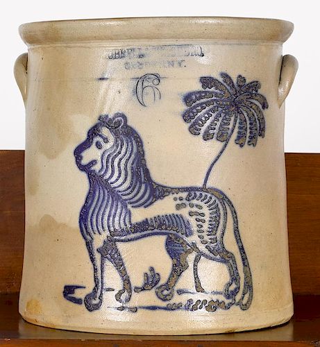 New York six-gallon stoneware crock, 19th c., impressed Hubbell & Chesebro, Geddes N.Y., with co