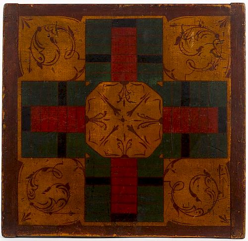 Painted pine parcheesi gameboard, 19th c., 19 1/4'' x 18 3/8''.