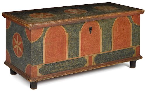 Lancaster or York, Pennsylvania painted pine dower chest, early 19th c., retaining its original sp