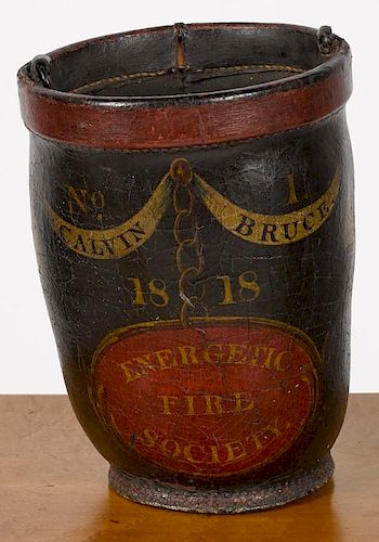 Painted leather fire bucket, dated 1818, inscribed No. 1 Calvin Bruce Energetic Fire Society,