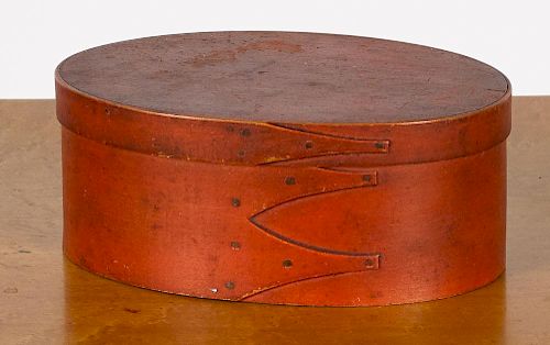 Shaker painted bentwood box, 19th c., in original bittersweet, the lid signed Catharine Vedder,