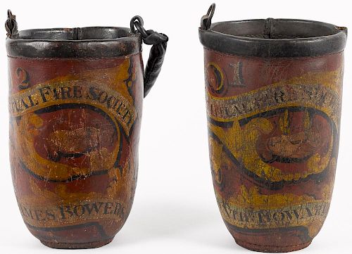 Pair of painted leather fire buckets, dated 1823, both inscribed Mutual Fire Society and Jame