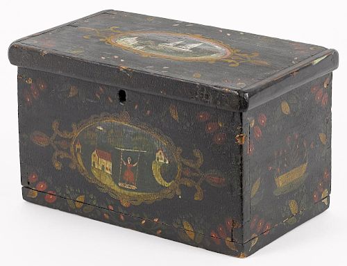 New England painted pine dresser box, 19th c., retaining its original decoration with naïve scenes