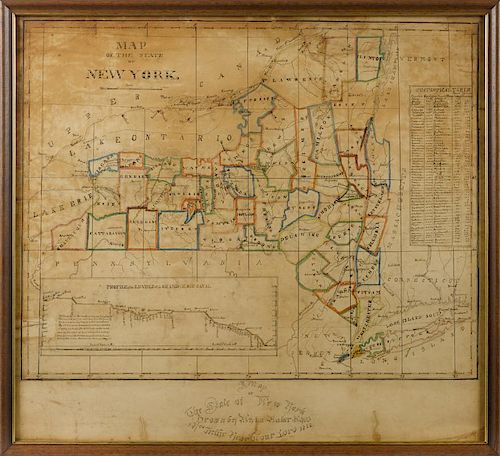 Ink and watercolor Map of the State of New York, dated 1828, signed Anna Baker, 20 1/2'' x 22 1