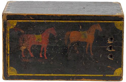 Painted pine slide lid box, 19th c., the lid decorated with two horses, 6 3/4'' h., 14'' w., 8'' d.
