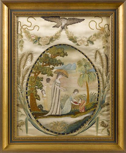 New England silk, chenille, and metallic thread embroidery, of Moses in the Bulrushes, 17 1/2'' x 1