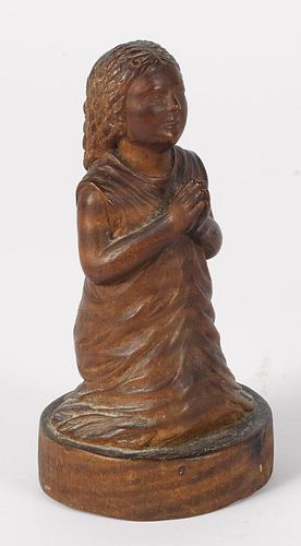 Pennsylvania carved tiger maple figure of a young girl praying, 19th c., initialed on base A.C.T.