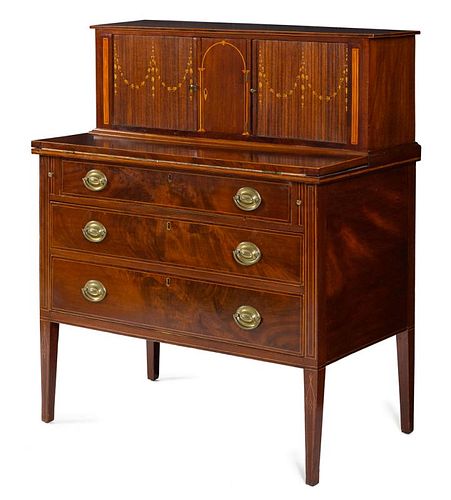Massachusetts Hepplewhite mahogany tambour desk, ca. 1800, with allover line inlay, the tambour do