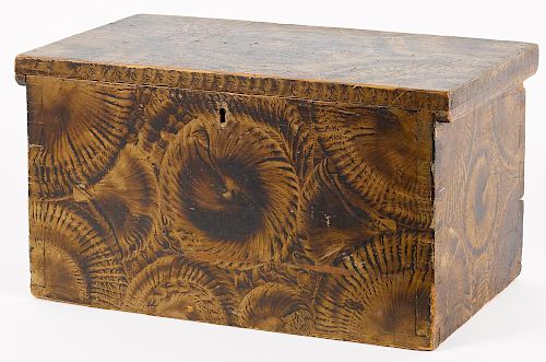 New England painted pine lock box, dated 1838, retaining its original ochre sponge decoration, 9