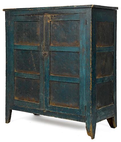 Pennsylvania painted pine and poplar pie safe, 19th c., with punched tin heart panels, retaining a