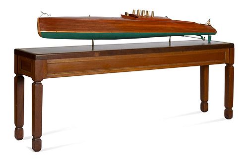 Large model of the racing boat Dixie II, by Lannan Ship Model Co., Boston, with mahogany display