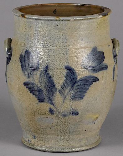Pennsylvania stoneware crock, 19th c., with double-sided cobalt tulip decoration, 16'' h.